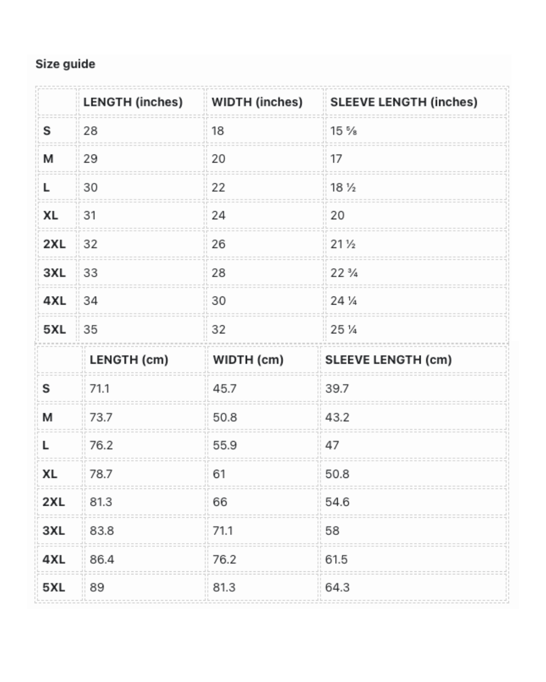 Size guide (inches and centimeters)