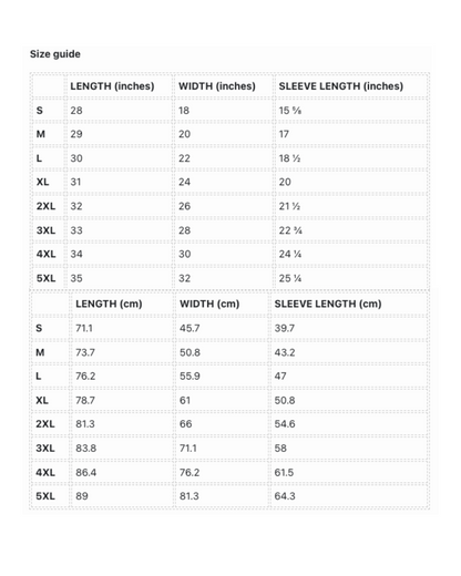 Size guide (inches and centimeters)